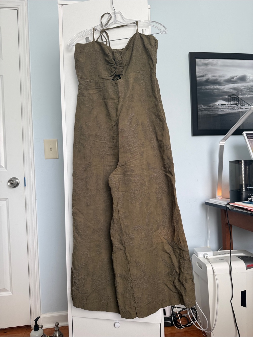 Anthropologie Olive Green Strapless Wide-Leg Jumpsuit